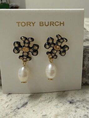 Tory Burch Black Enamel and Gold Pearl Drop Earrings